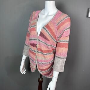 Nic+Zoe cardigan sweater XL linen pastel stripe pink beige knit patchwork
